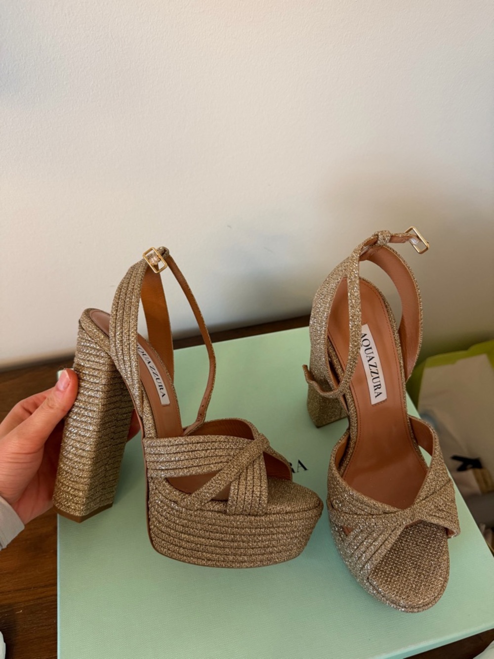 Aquazzura Gold Glitter Platform Heels size 35.5